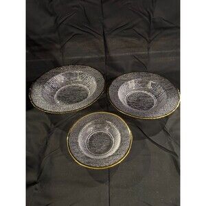 Set of 3 Glass Bowls with Tree Bark Texture and Gold Rim
